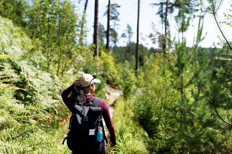 Wanderin mit Rucksack auf einem Waldpfad – Reportagefoto für ein Tourismusmagazin